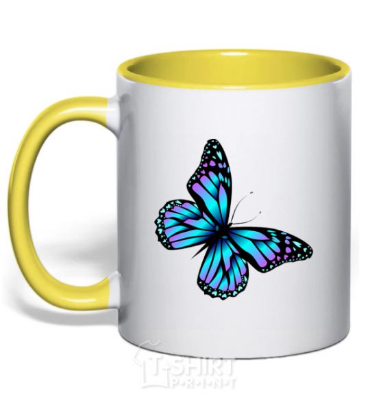 Mug with a colored handle Acid butterfly yellow фото