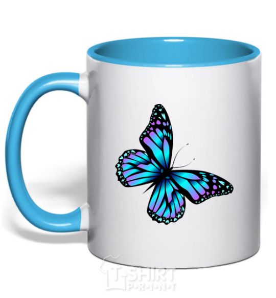 Mug with a colored handle Acid butterfly sky-blue фото