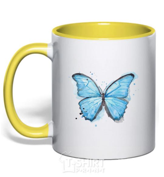 Mug with a colored handle A soft blue butterfly yellow фото