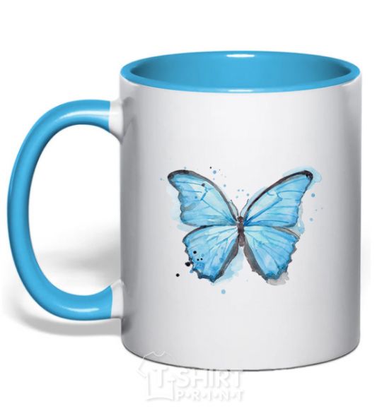 Mug with a colored handle A soft blue butterfly sky-blue фото