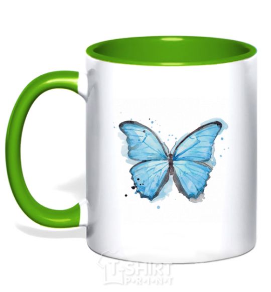 Чашка с цветной ручкой Нежно голубая бабочка Зеленый фото