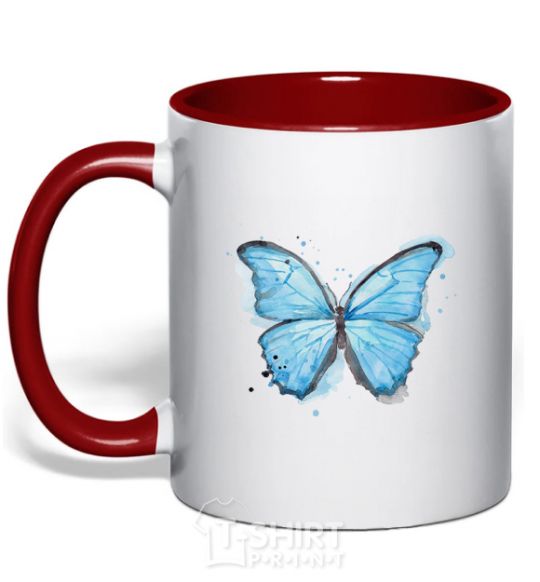 Mug with a colored handle A soft blue butterfly red фото