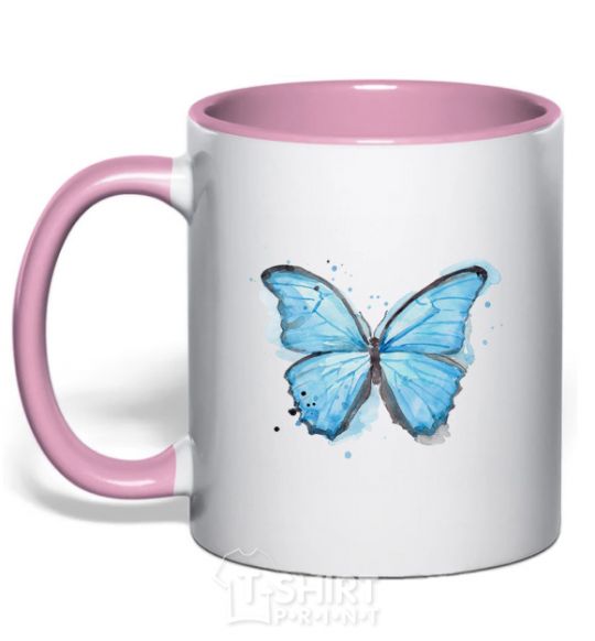 Mug with a colored handle A soft blue butterfly light-pink фото