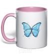 Mug with a colored handle A soft blue butterfly light-pink фото