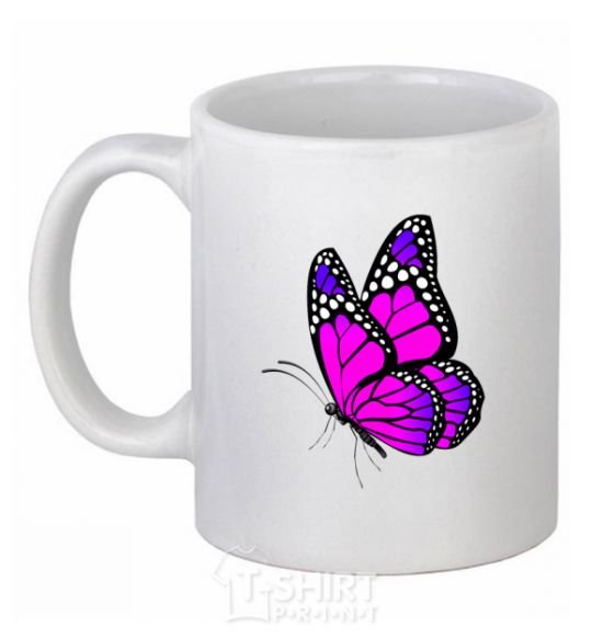 Ceramic mug A bright pink butterfly White фото
