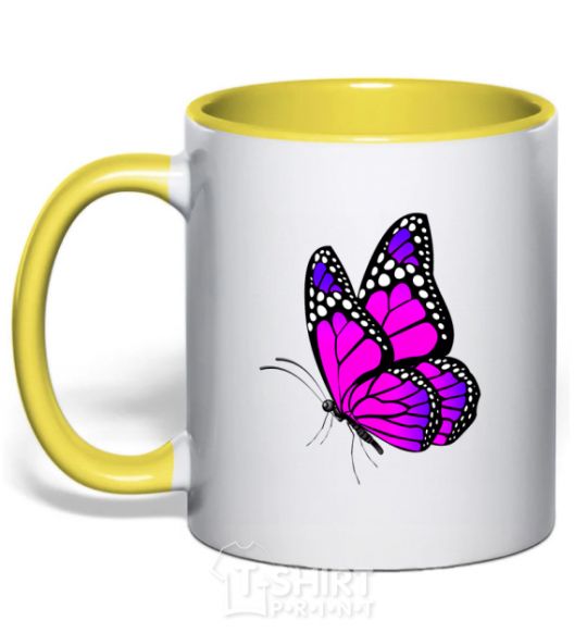Mug with a colored handle A bright pink butterfly yellow фото