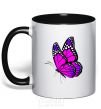 Mug with a colored handle A bright pink butterfly black фото