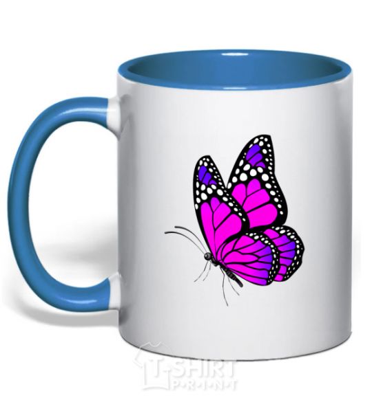 Mug with a colored handle A bright pink butterfly royal-blue фото