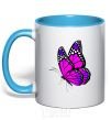 Mug with a colored handle A bright pink butterfly sky-blue фото