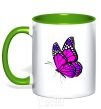 Mug with a colored handle A bright pink butterfly kelly-green фото