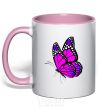 Mug with a colored handle A bright pink butterfly light-pink фото