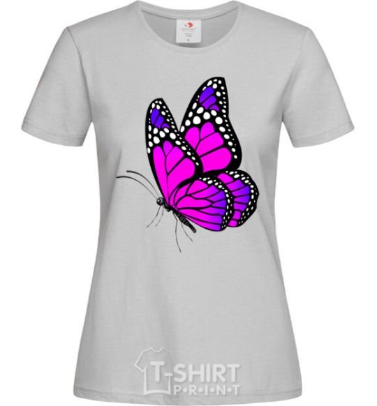 Women's T-shirt A bright pink butterfly grey фото