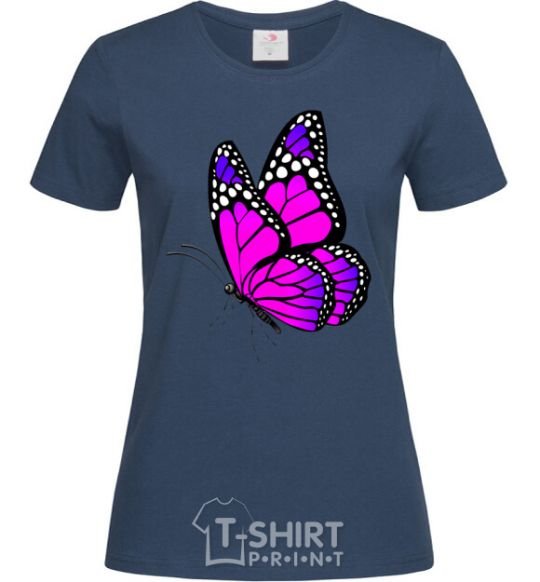 Women's T-shirt A bright pink butterfly navy-blue фото