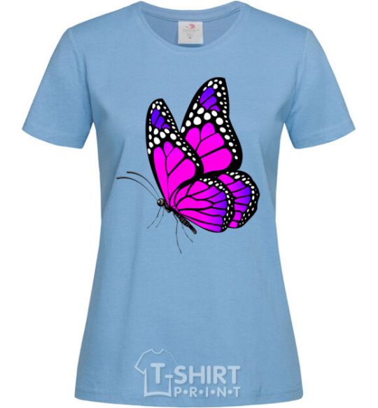 Women's T-shirt A bright pink butterfly sky-blue фото