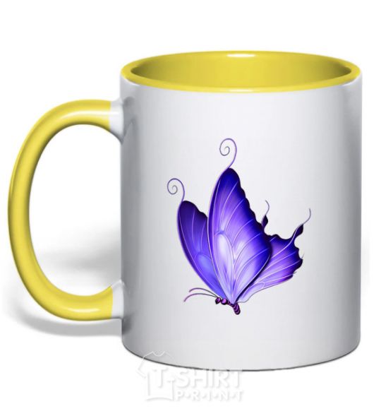 Mug with a colored handle Flying butterfly yellow фото