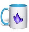 Mug with a colored handle Flying butterfly sky-blue фото