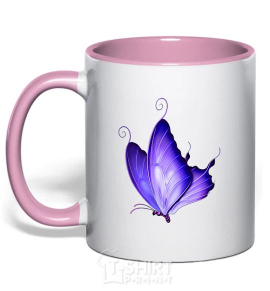 Mug with a colored handle Flying butterfly light-pink фото