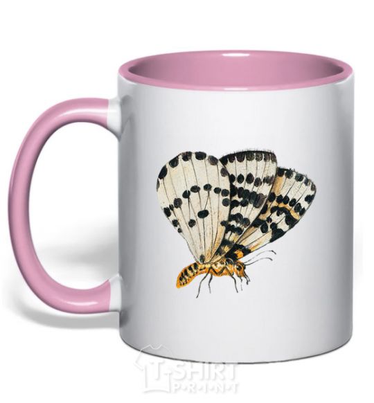 Mug with a colored handle Realistic butterfly light-pink фото