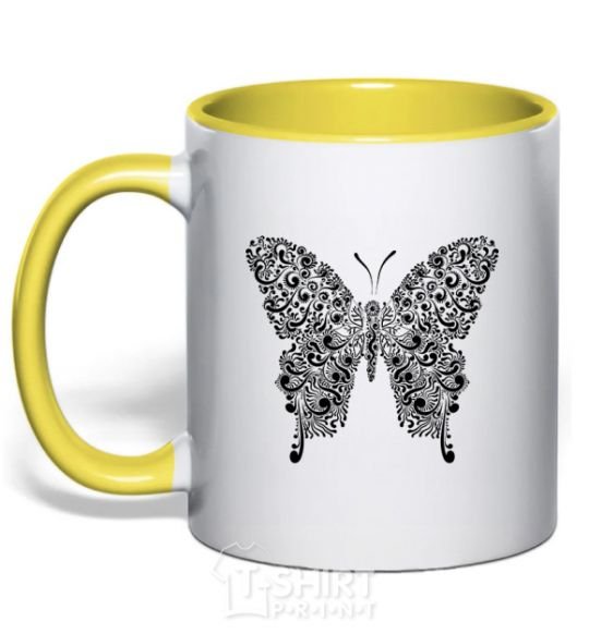 Mug with a colored handle Butterfly pattern yellow фото