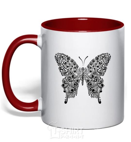 Mug with a colored handle Butterfly pattern red фото