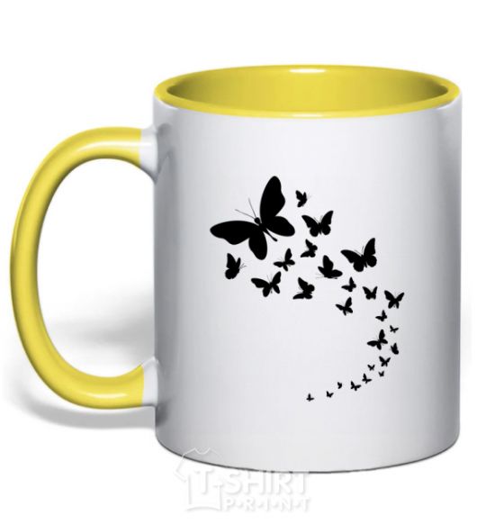 Mug with a colored handle Butterflies in flight yellow фото