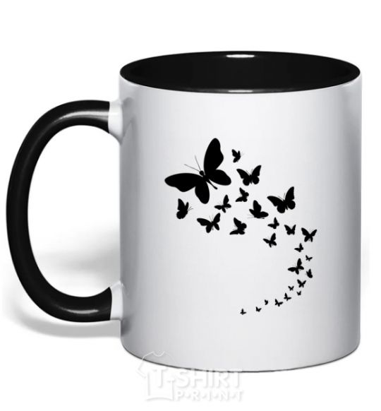 Mug with a colored handle Butterflies in flight black фото