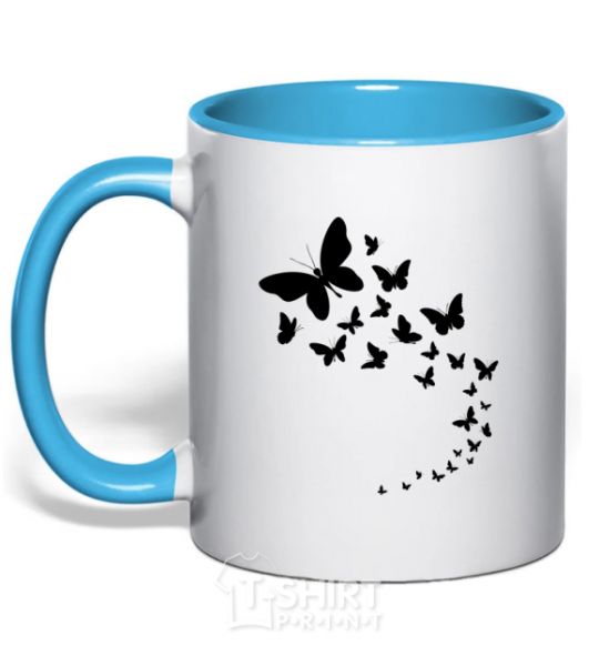 Mug with a colored handle Butterflies in flight sky-blue фото