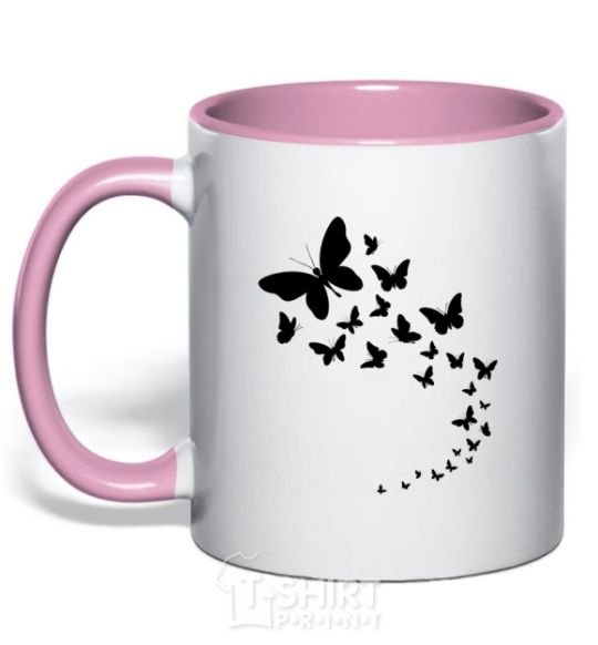 Mug with a colored handle Butterflies in flight light-pink фото