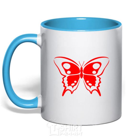 Mug with a colored handle Red butterfly sky-blue фото