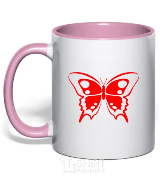 Mug with a colored handle Red butterfly light-pink фото