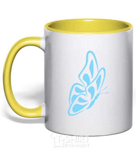 Mug with a colored handle A sky blue butterfly yellow фото