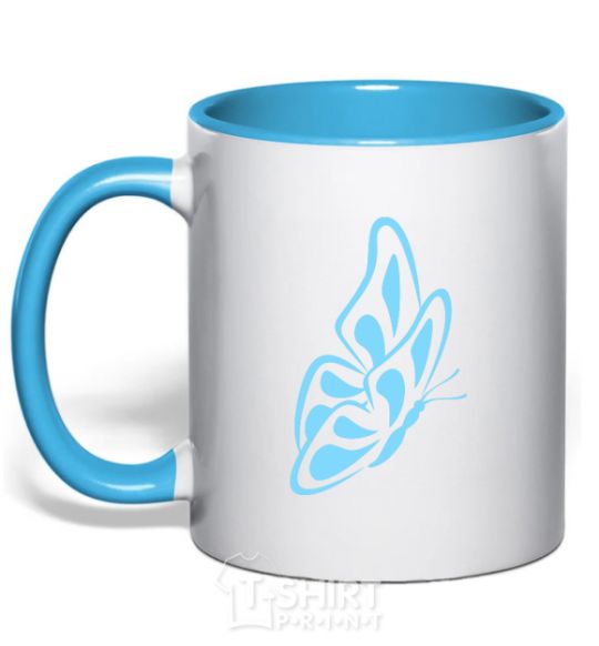 Mug with a colored handle A sky blue butterfly sky-blue фото