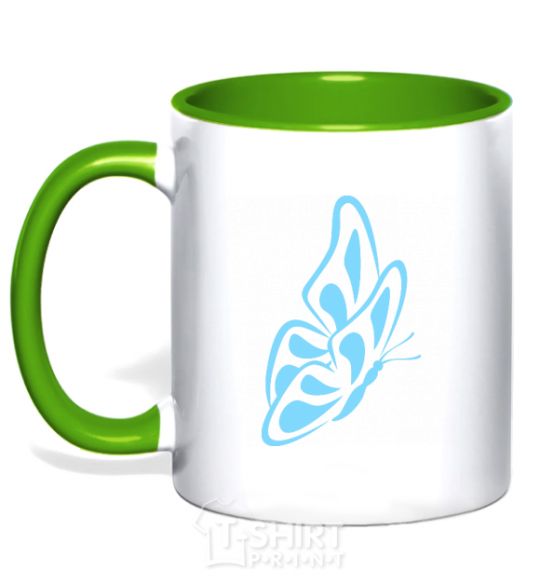 Mug with a colored handle A sky blue butterfly kelly-green фото