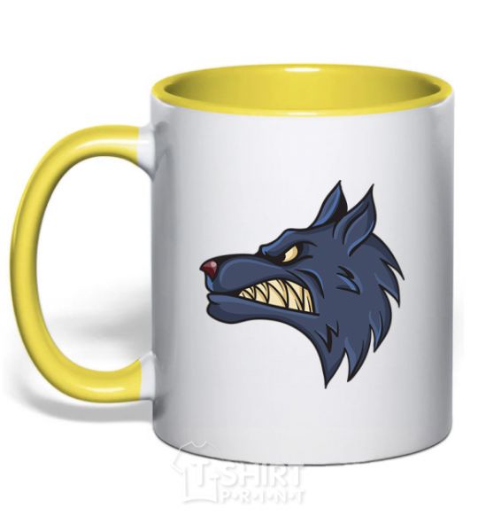 Mug with a colored handle Angry wolf yellow фото