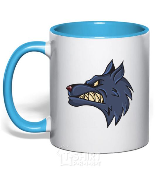 Mug with a colored handle Angry wolf sky-blue фото