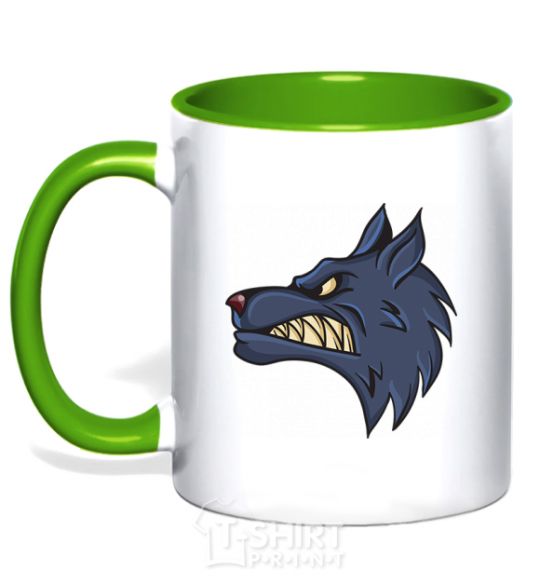 Mug with a colored handle Angry wolf kelly-green фото