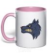 Mug with a colored handle Angry wolf light-pink фото