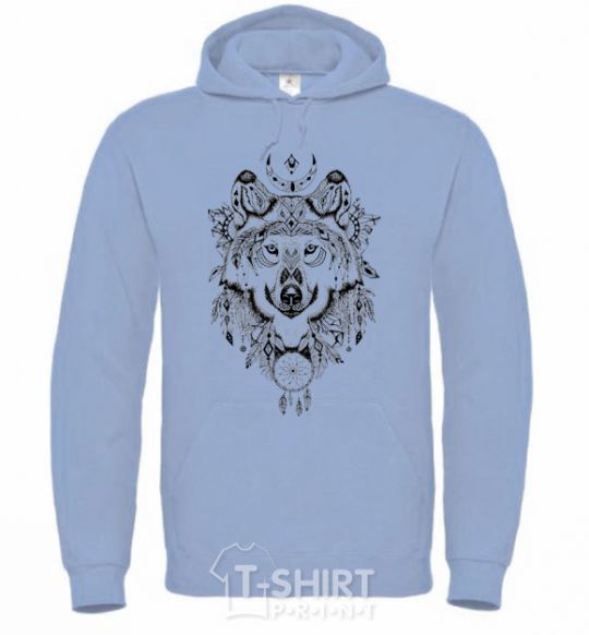 Men`s hoodie A drawing of a wolf sky-blue фото