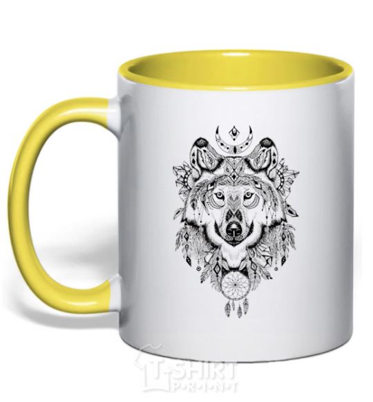 Mug with a colored handle A drawing of a wolf yellow фото