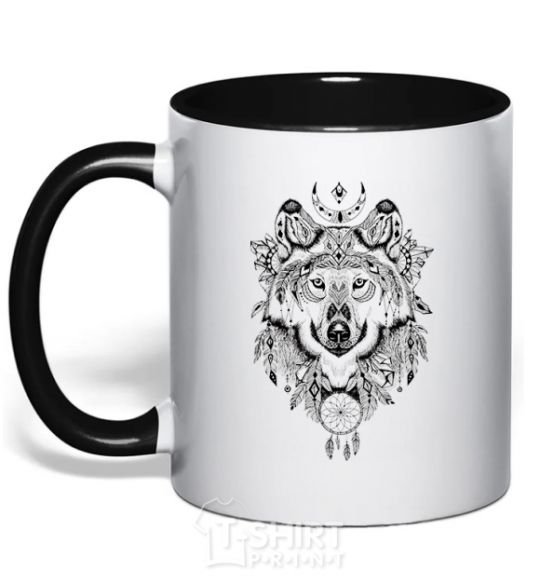 Mug with a colored handle A drawing of a wolf black фото