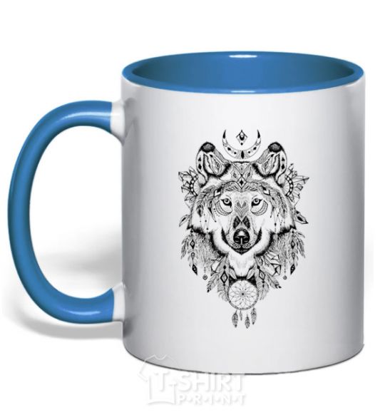 Mug with a colored handle A drawing of a wolf royal-blue фото