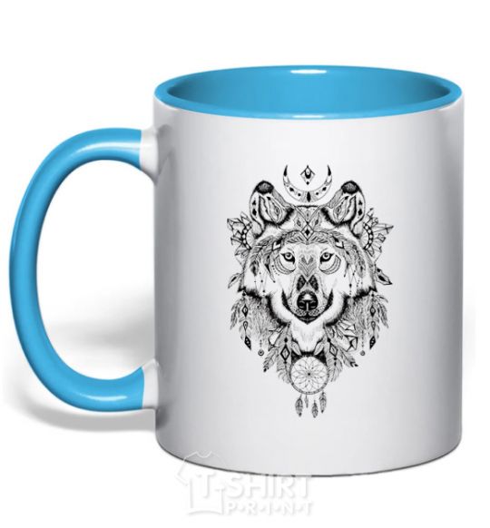 Mug with a colored handle A drawing of a wolf sky-blue фото