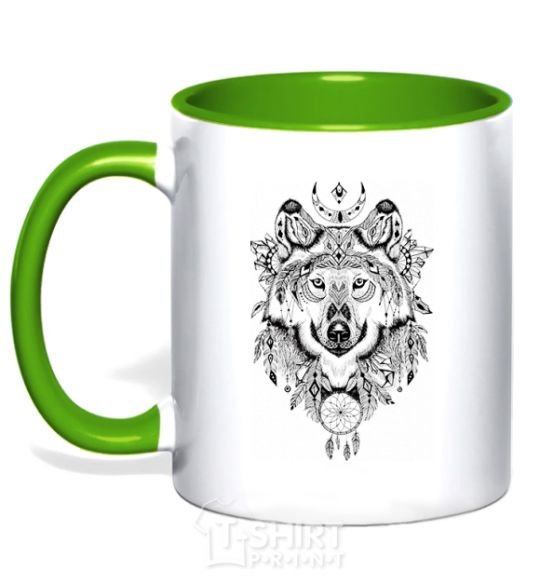 Mug with a colored handle A drawing of a wolf kelly-green фото