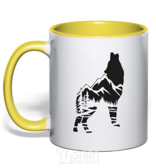 Mug with a colored handle Forest wolf yellow фото