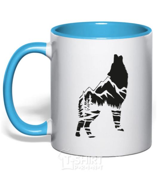 Mug with a colored handle Forest wolf sky-blue фото