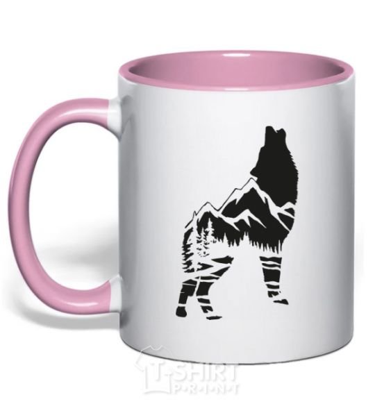 Mug with a colored handle Forest wolf light-pink фото