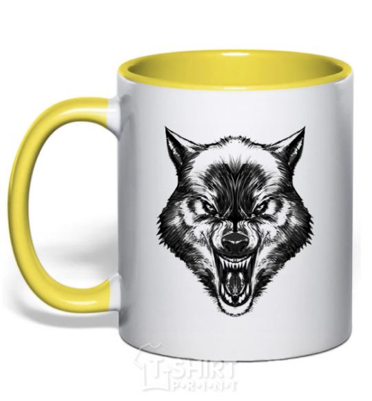 Mug with a colored handle Screaming wolf yellow фото