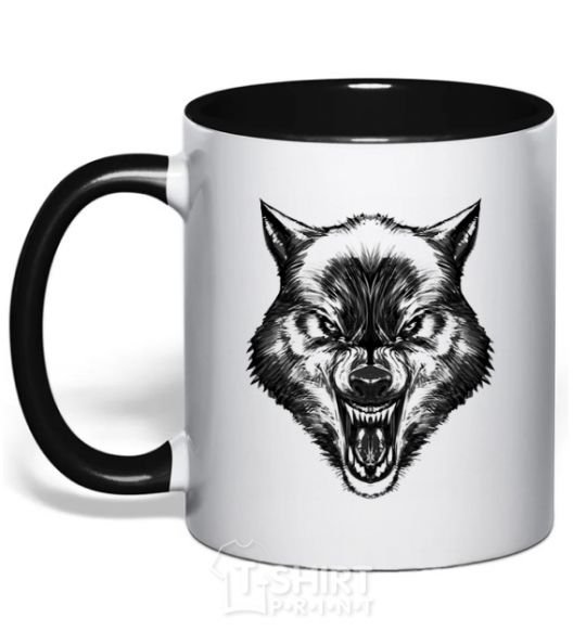 Mug with a colored handle Screaming wolf black фото