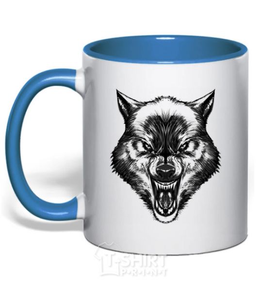 Mug with a colored handle Screaming wolf royal-blue фото