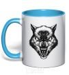 Mug with a colored handle Screaming wolf sky-blue фото